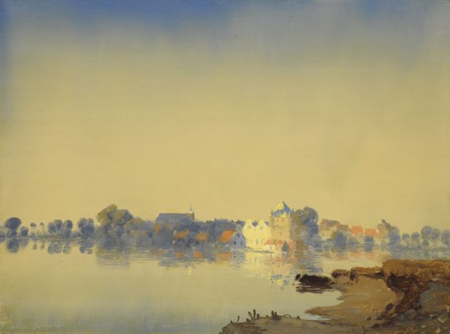 Jan Voerman sr. | Vroege morgen, gezicht op Hattem, olieverf op paneel, 38,3 x 51,5 cm, gesigneerd r.o en te dateren ca. 1920