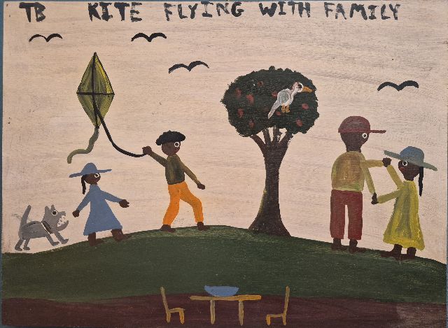 Tim Brown | kite flying with family, olieverf op paneel, 37,6 x 50,6 cm, gesigneerd l.b.
