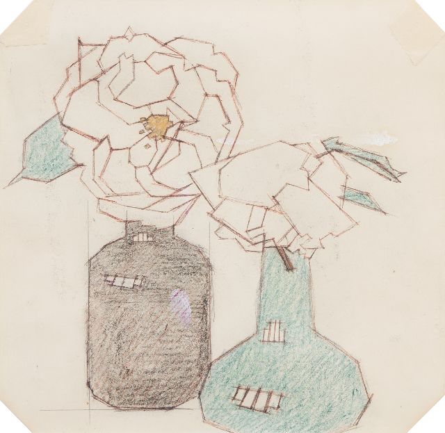 Valk H.J.  | Rozen in flessen, kleurpotlood en krijt op papier 22,5 x 23,0 cm