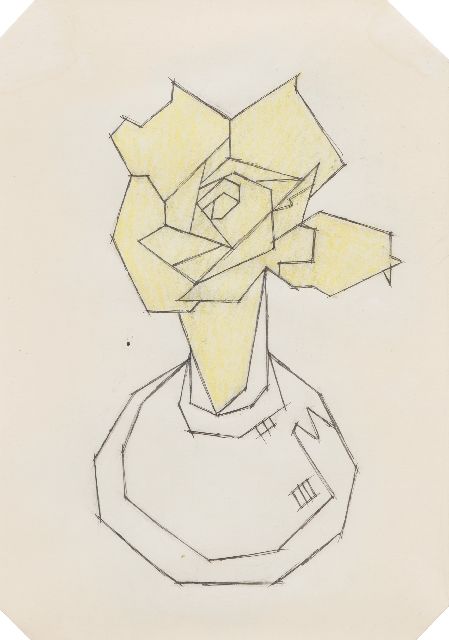 Hendrik Valk | Roos in een fles, kleurpotlood en krijt op papier, 22,5 x 23,0 cm