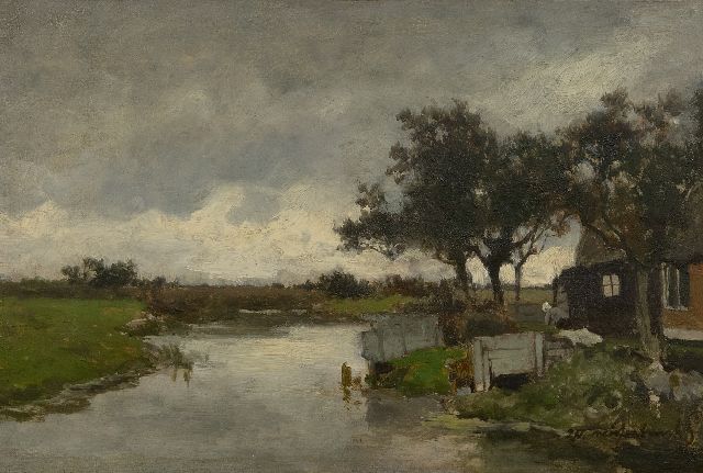 Jan Hendrik Weissenbruch | Wasdag (mogelijk uitzicht vanaf de achterplaats van herberg 'Het Vliegende Paard', Nieuwkoop), olieverf op paneel, 23,9 x 36,1 cm, gesigneerd r.o.