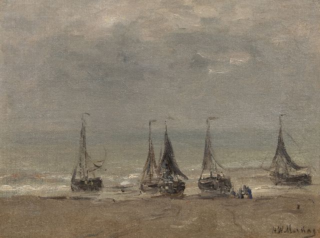 Hendrik Willem Mesdag | Vijf bommen in de branding, olieverf op doek op paneel, 30,4 x 40,4 cm, gesigneerd r.o.
