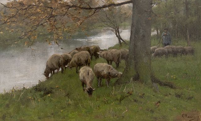 Anton Mauve | Schapen aan de vaart, olieverf op paneel, 25,1 x 41,0 cm, gesigneerd r.o.