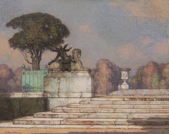 Jan Bogaerts | Het beeld van een sfinx en Cupido in het park van Versailles, olieverf op doek, 32,5 x 39,7 cm, gesigneerd l.o. en gedateerd 1915