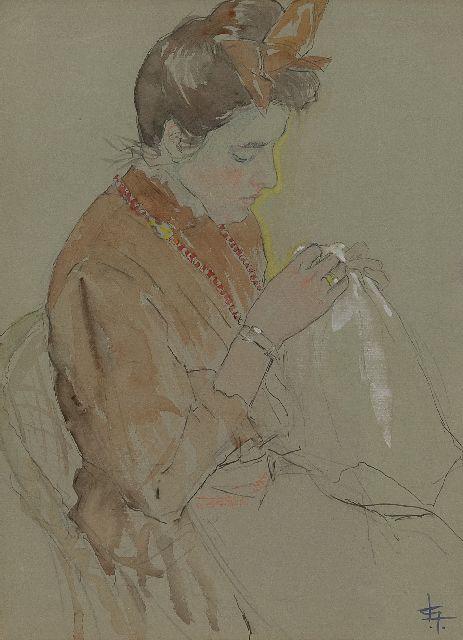 Leo Gestel | Portret van Anna, de zuster van de schilder, bordurend, aquarel op papier, 31,0 x 23,0 cm, gesigneerd r.o. met monogram