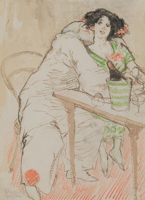 Leo Gestel | Caféscène met Pierrot, potlood, inkt en krijt op papier, 30,0 x 22,0 cm, gesigneerd l.o. en te dateren ca. 1908