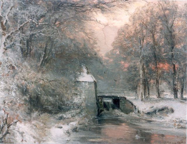 Louis Apol | Avondstemming in het besneeuwde bos, olieverf op doek, 62,3 x 77,9 cm, gesigneerd r.o.