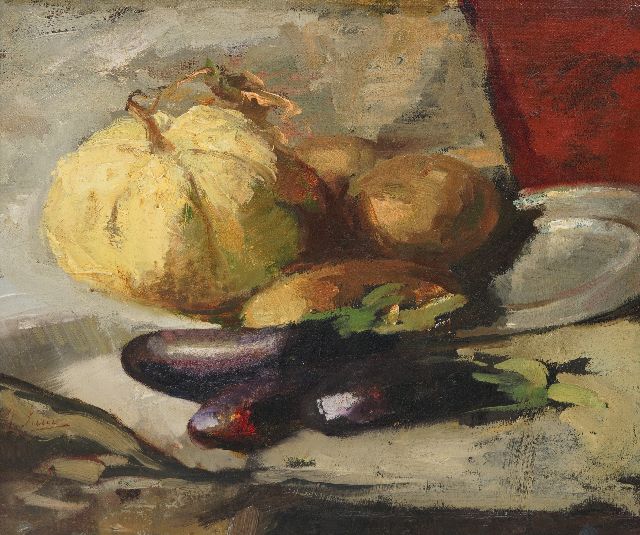 Surie J.  | Stilleven met aubergines, olieverf op doek 37,8 x 42,5 cm, gesigneerd l.o. en op doekomslag