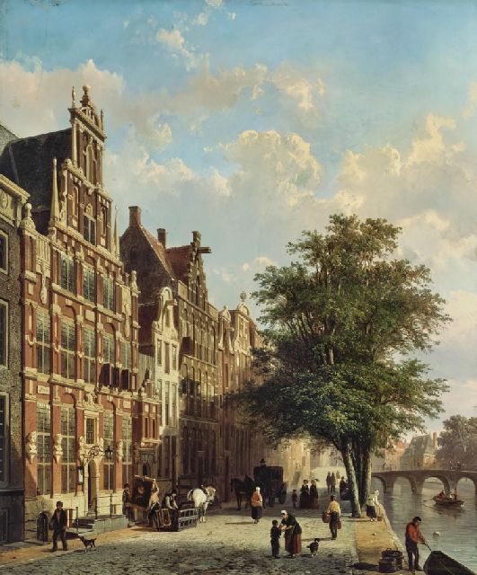 Cornelis Springer | Gezicht op het Huis met de Hoofden aan de Keizersgracht 123 met Kunsthandel Roos, Amsterdam (reserved), olieverf op paneel, 50,0 x 40,5 cm, gesigneerd r.o. en gedateerd 1855  reserved