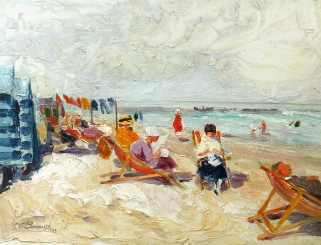 Roméo Dumoulin | Namiddag op het strand, olieverf op paneel, 26,8 x 35,0 cm, gesigneerd l.o. en gedateerd 1923