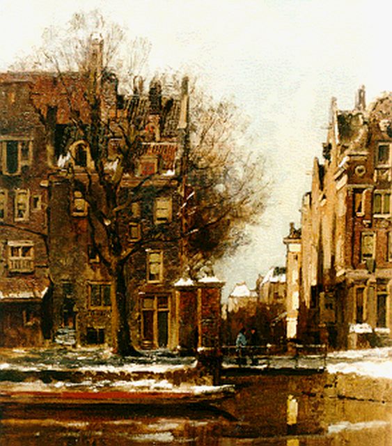 Karel Klinkenberg | Winters gezicht op Amsterdamse gracht, olieverf op doek, 47,0 x 39,0 cm, gesigneerd r.o.