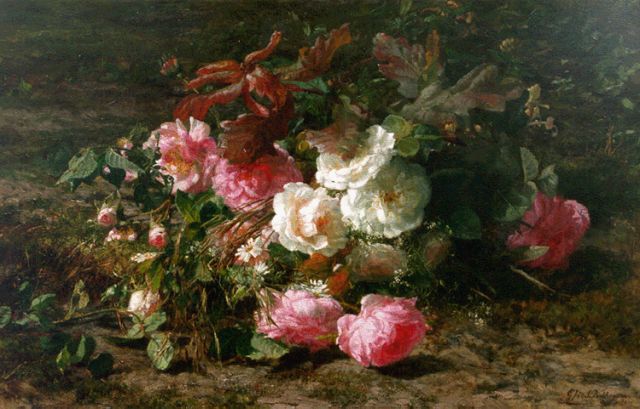 Gerardine van de Sande Bakhuyzen | Boeket van rozen op de bosgrond, olieverf op doek, 49,3 x 77,0 cm, gesigneerd r.o.