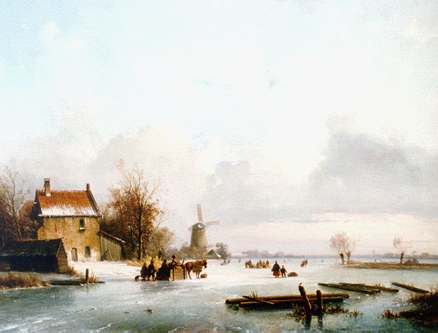 Lodewijk Johannes Kleijn | IJsgezicht met schaatsers bij boerenhuis en molen, olieverf op paneel, 44,2 x 55,2 cm, gesigneerd r.o.