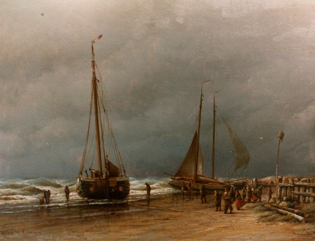 Willem Hendrik Eickelberg | Platbodems op het strand, olieverf op paneel, 31,3 x 41,0 cm, gesigneerd l.o.