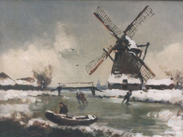 Jan Knikker sr. | Schaatsers op een bevroren vaart, olieverf op paneel, 18,8 x 24,4 cm, gesigneerd l.o.