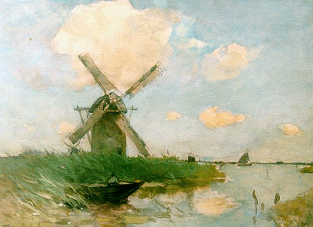 Jan Hendrik Weissenbruch | Polderlandschap met molen, aquarel en gouache op papier, 39,7 x 54,7 cm, gesigneerd l.o.