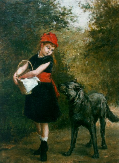 Albert Roosenboom | Roodkapje en de wolf, olieverf op doek, 35,2 x 25,0 cm, gesigneerd r.o. en verso gedateerd 1880