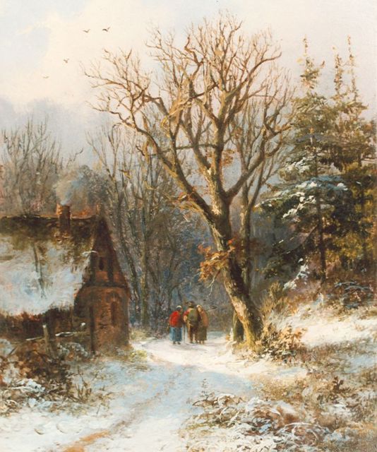 Alexander Joseph Daiwaille | Wandelaars op winters bospad, olieverf op paneel, 14,7 x 12,0 cm, gesigneerd vaag