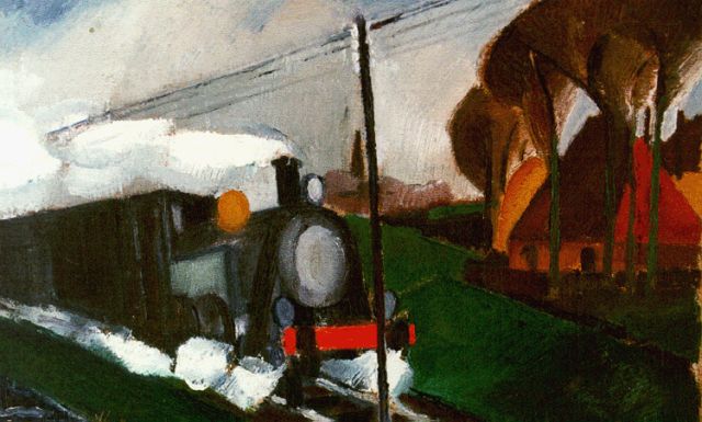 Wim Bosma | Aanstormende trein, olieverf op doek, 25,5 x 39,4 cm, gesigneerd l.o. en gedateerd '27