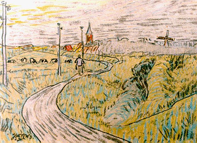 Jan Toorop | Fietser in Zeeuws landschap, gemengde techniek op papier, 11,5 x 16,0 cm, gesigneerd l.o.