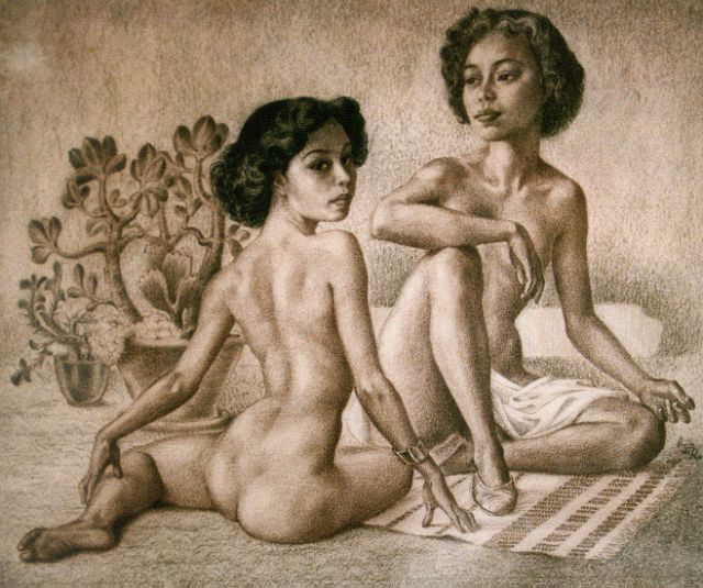 Huib de Ru | Twee naakte Oosterse vrouwen, potlood op papier, 34,5 x 41,0 cm, gesigneerd r.o.
