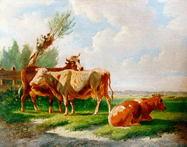 Albertus Verhoesen | Rustend vee in een weiland, olieverf op paneel, 13,0 x 16,7 cm, gesigneerd l.o. en gedateerd 1869