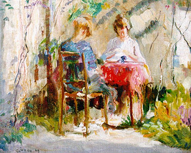 Maurice Góth | Ada en Sarika in de tuin te Oosterbeek, olieverf op doek op paneel, 21,6 x 26,8 cm, gesigneerd l.o.