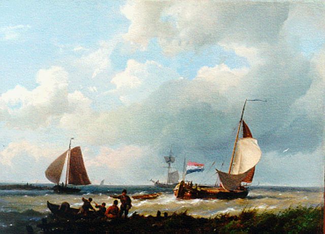 Hermanus Koekkoek | Zeilschepen bij havenmond, olieverf op doek op paneel, 26,3 x 36,0 cm, gesigneerd links