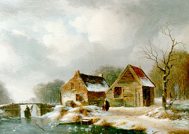 H.M. Haus | Winterlandschap met schaatsers en wandelaars bij een hoeve, olieverf op paneel, 26,2 x 36,8 cm, gesigneerd r.o. dubbel
