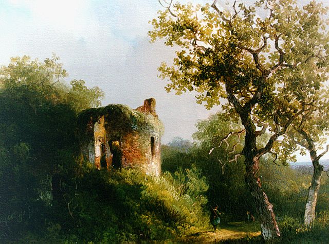 Willem Roelofs | Boslandschap met figuren bij een ruïne, olieverf op paneel, 19,6 x 24,7 cm, gesigneerd l.o. en gedateerd '40