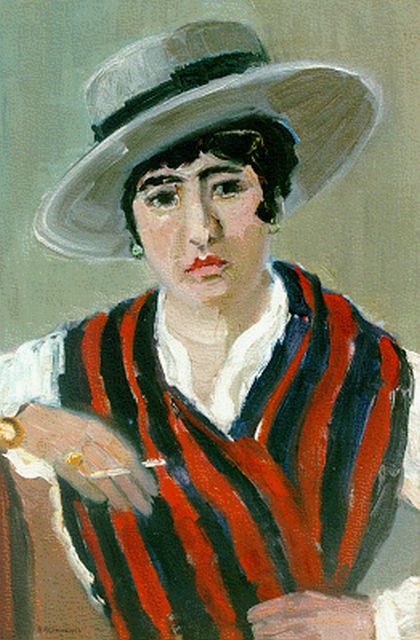 Groeneveld B.  | Dame met grijze hoed en sigaret, olieverf op doek 60,0 x 40,3 cm, gesigneerd l.o.