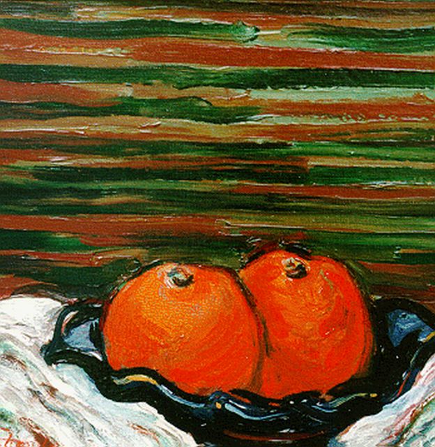 Jacques Mels | Sinaasappels, olieverf op doek, 25,5 x 25,5 cm, gesigneerd l.o. + verso