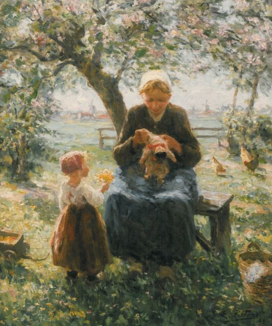 Pieters E.  | Vrouw met kind onder bloesemboom, olieverf op doek 75,2 x 64,1 cm, gesigneerd r.o. en gedateerd '23
