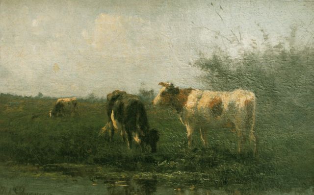 Herman Bogman | Koeien langs de waterkant, olieverf op doek, 21,0 x 32,5 cm, gesigneerd l.o.