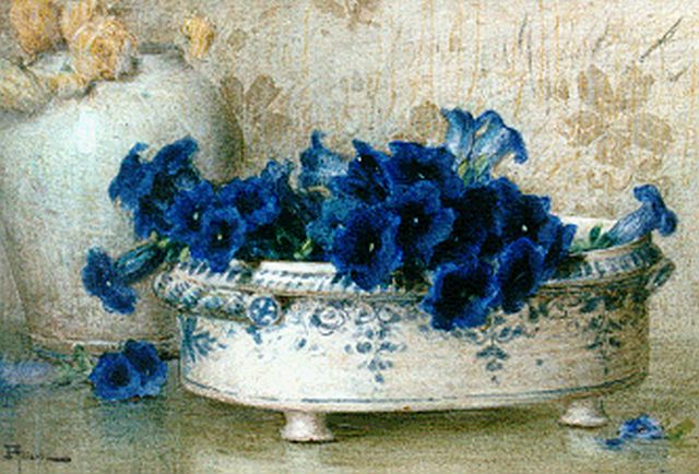 Ernest Filliard | Gentiaantjes in een porceleinen bakje, aquarel op papier, 28,5 x 41,5 cm, gesigneerd l.o.