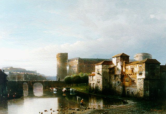 Kasparus Karsen | Stad met kasteel aan de rivier, olieverf op paneel, 37,5 x 53,7 cm, gesigneerd r.o.