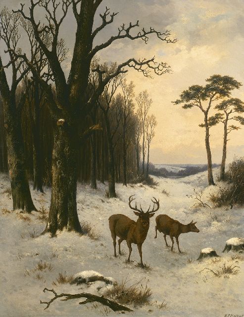 Hendrik Pieter Koekkoek | Edelhert met hinde in winters boslandschap, olieverf op doek, 91,5 x 71,0 cm, gesigneerd r.o.