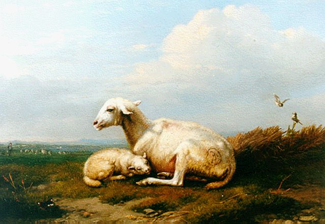 Eugène Joseph Verboeckhoven | Schaap met lam en vlindertje in pastoraal landschap, olieverf op paneel, 12,1 x 15,2 cm, gesigneerd l.o. en gedateerd 1845