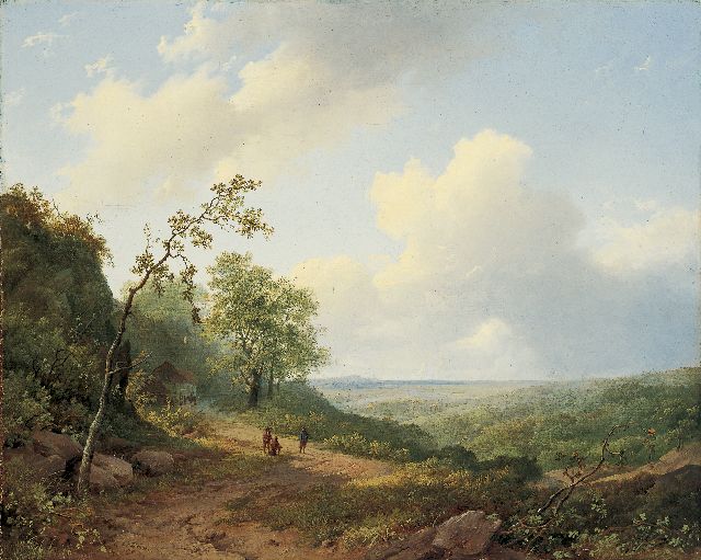 Marinus Adrianus Koekkoek I | Heuvelachtig zomerlandschap met enkele wandelaars, olieverf op doek, 41,5 x 51,7 cm, gesigneerd l.o. en gedateerd 1848