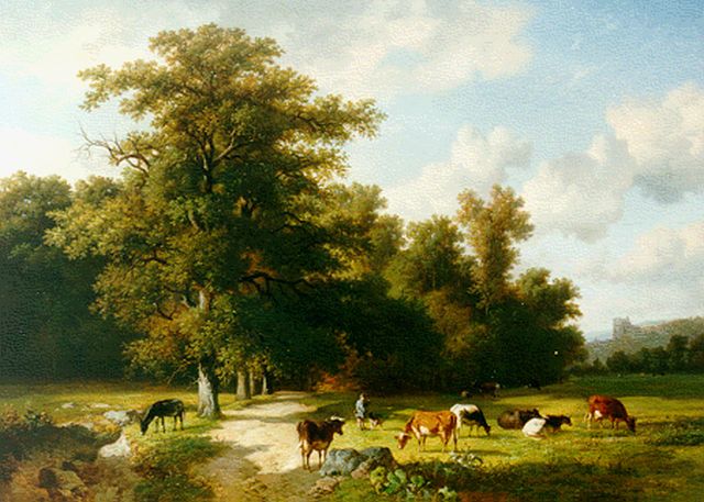 Robbe L.M.D.R.  | Herder met vee in lommerrijk landschap, olieverf op paneel 74,0 x 101,8 cm, gesigneerd r.o.