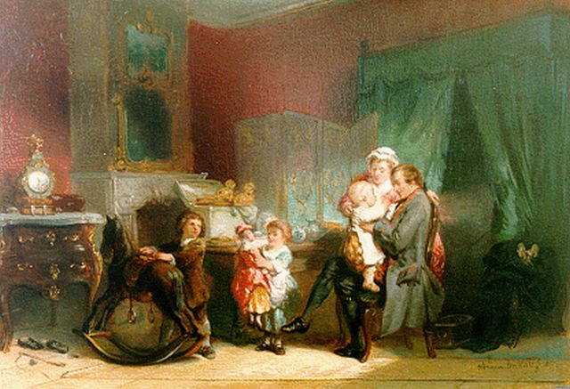Herman ten Kate | De thuiskomst van vader, olieverf op paneel, 24,5 x 34,1 cm, gesigneerd r.o. en gedateerd 1855