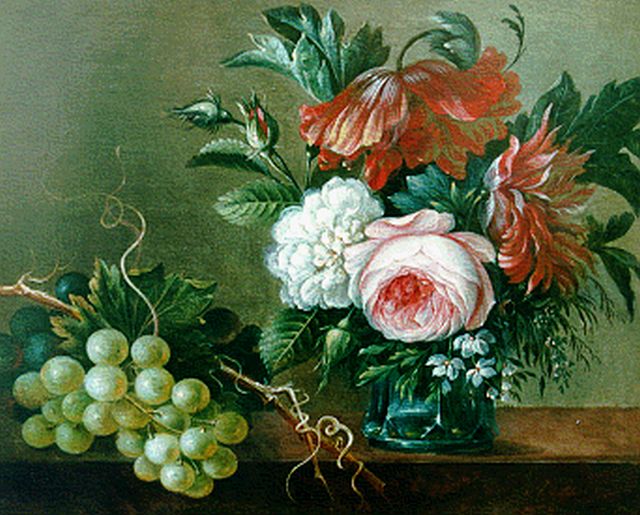 Apol A.  | Stilleven van bloemen en druiven, olieverf op paneel 22,9 x 28,3 cm, gesigneerd r.o. en gedateerd 1845