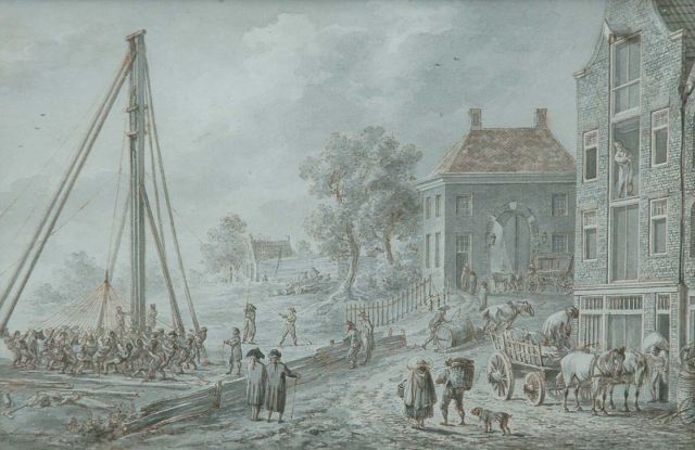 Langendijk D.  | Heiwerkzaamheden nabij een stad, gewassen inkt op papier 13,4 x 20,0 cm, gesigneerd l.o. en gedateerd 15 juni 1798
