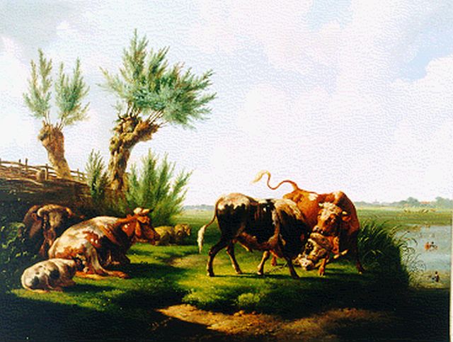 Albertus Verhoesen | Vee bij de waterkant, olieverf op doek, 75,0 x 100,0 cm, gesigneerd m.o. en gedateerd 1868