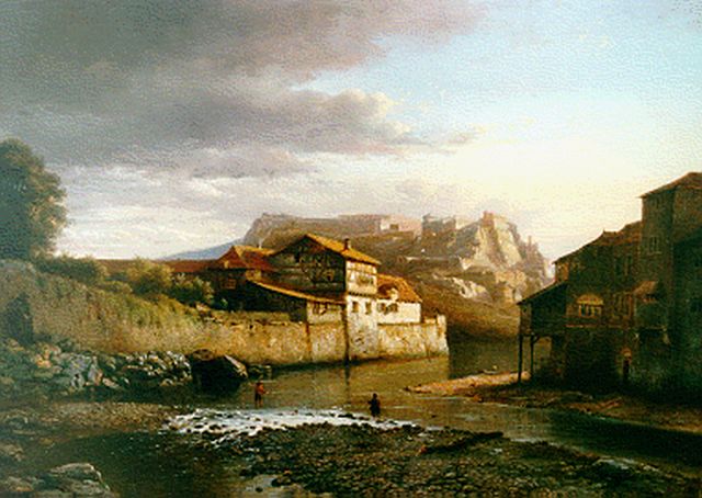 Kasparus Karsen | Gezicht in Passau, olieverf op paneel, 36,6 x 51,1 cm, gesigneerd r.o. en gedateerd 1858