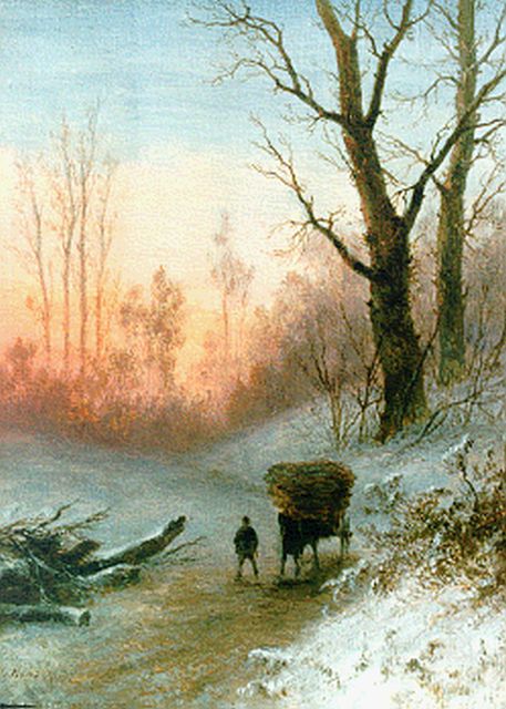 Josephus Gerardus Hans | Boerenkar in een winters boslandschap, olieverf op paneel, 22,6 x 17,2 cm