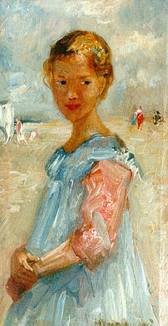 Simon Maris | Meisje in blauw jurkje op het strand van Zandvoort, olieverf op paneel, 22,0 x 11,7 cm, gesigneerd r.o. en gedateerd 1917