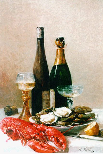 Bellis J.L.  | Stilleven met kreeft en champagne, olieverf op doek 57,2 x 40,4 cm, gesigneerd r.o.