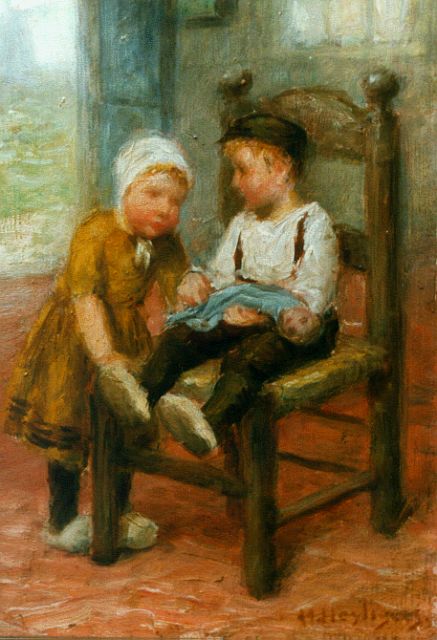 Henri Heijligers | Kinderen met pop, olieverf op paneel, 18,0 x 13,2 cm, gesigneerd r.o.