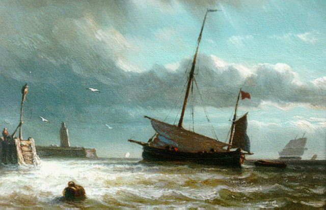 Hoffmann G.J.  | Vissersschip voor havenmond, olieverf op paneel 12,9 x 18,6 cm